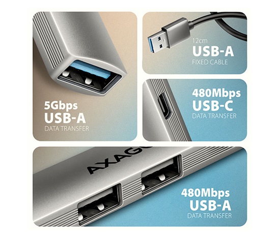 AXAGON HUE-STA, 4x USB ALU STRIP hub, 1x USB-A 5Gbps, 2x USB-A & 1x USB-C 480Mbps, kabel USB-A 12cm