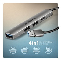 AXAGON HUE-STA, 4x USB ALU STRIP hub, 1x USB-A 5Gbps, 2x USB-A & 1x USB-C 480Mbps, kabel USB-A 12cm