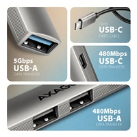 AXAGON HUE-STC, 4x USB ALU STRIP hub, 1x USB-A 5Gbps, 2x USB-A & 1x USB-C 480Mbps, kabel USB-C 12cm