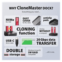 AXAGON ADSA-M2C22L, stacja dokująca USB-C 20Gb/s dla 2× dysków M.2 NVMe SSD z funkcją klonowania