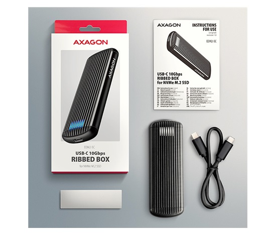 AXAGON EEM2-SC, zewnętrzna obudowa USB-C 10Gbps do dysków M.2 NVMe SSD, bezśrubowa, aluminiowa żebrowana