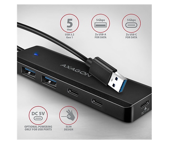 AXAGON HUE-C2A, 4× USB 5 Gbps TRAVEL hub, 2× USB-A + 2× USB-C, wejście zasilania USB-C, kabel USB-A 19 cm