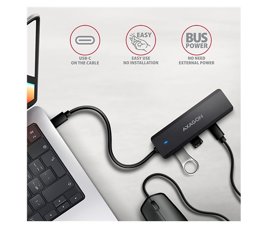 AXAGON HUE-C2C, 4× USB 5 Gbps TRAVEL hub, 2× USB-A + 2× USB-C, wejście zasilania USB-C, kabel USB-C 19 cm