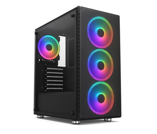 BAZAR - 1stCOOL skříň Rainbow 4, Mid Tower, ATX, AU, Průhledná bočnice, 4x 120mm Fan, 650W, 88+, Černá, poškozený obal