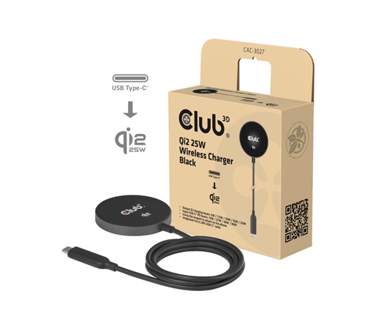 Club3D Bezdrátová nabíječka, 1x Qi2 25W, MagSafe, Qi certifikováno, černá