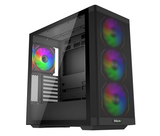 EVOLVEO Scorpio, skříň eATX/ATX, 4x ARGB ventilátor 120mm, boční panel temperované sklo + mřížkovaný přední panel