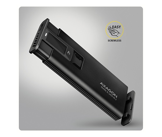 AXAGON EEM2-SD2B, USB-C 10Gbps externí box s displejem pro M.2 NVMe/SATA SSD, bezšroubkový, černý