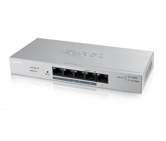 Zyxel GS1200-5HPv2 5-port Desktop Gigabit Web Smart PoE switch, 4x PoE+ GbE, PoE 60W, fanless