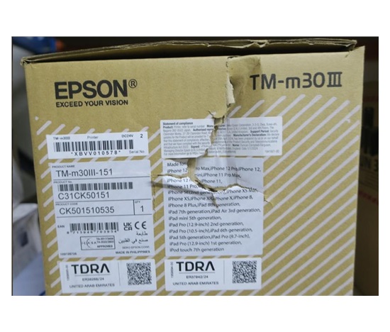 POŠKOZENÝ OBAL - Epson TM-m30III, USB, USB-C, BT, Ethernet, Wi-Fi, 8 dots/mm (203 dpi), cutter, white