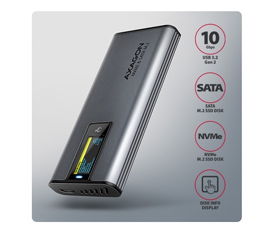 BAZAR - AXAGON EEM2-SD2 USB-C 10Gbps - M.2 NVMe & SATA SSD kovový DISPLAY box, bezšroubkový - Po opravě (Komplet)