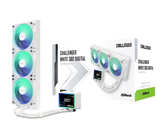 ASROCK Vodní chladič Challenger White 360 Digital, 3x120mm, ARGB, LGA1851, AM5, bílá