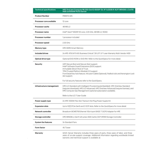 HPE PL ML350g12 6505P (2.2/12C) 1x32G (P69727) 2x4TB 4LFF MR408i-o2x1000W 1GbE NBD333 Smart Choice