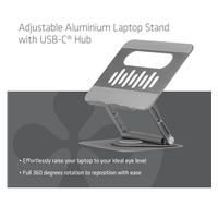 Club3D Nastavitelný hliníkový stojan pro notebook s USB-C hubem na 2xUSB, 1xHDMI, 2xUSB-C, 1xRJ45, 360°, 100W, 4K60Hz