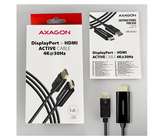 BAZAR - AXAGON RVD-HI14C2, DisplayPort -> HDMI 1.4 redukce / kabel 1.8m, 4K/30Hz - Poškozený obal (Komplet)