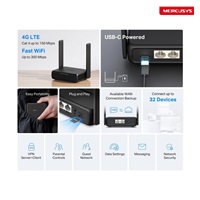 Mercusys MB113-4G WiFi4 router (N300, 4G LTE, 2,4GHz, 1x100Mb/s LAN/WAN,1x100Mb/s LAN,1xnanoSIM)
