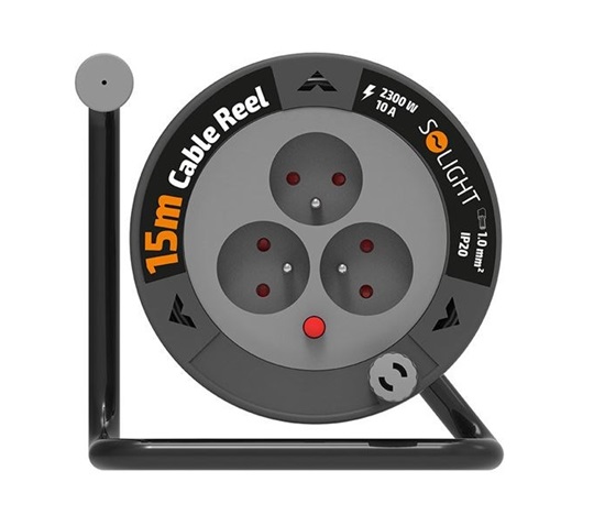 Solight prodlužovací přívod na bubnu 15m, 3 zásuvky, černý kabel, 3x 1,0mm2