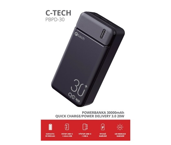 BAZAR - C-TECH Powerbanka 30000mAh, Li-Pol, 20W, USB-C/USB-A/micro USB, poškozený obal