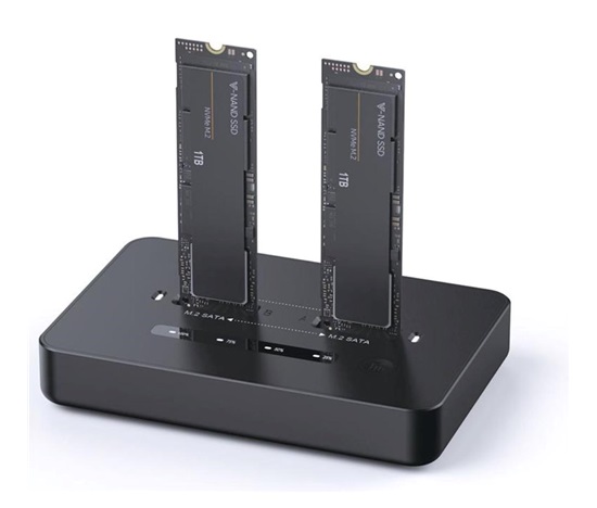 GEMBIRD dokovací stanice pro stolní počítače DD2-U3M2, USB-C, 2x M.2 SATA, NVMe SSD, černá