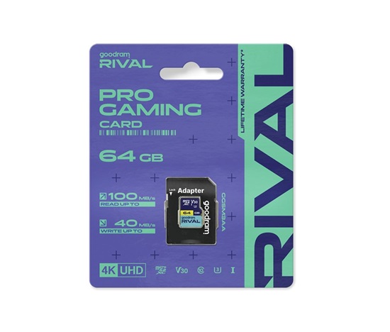 GOODRAM microSDXC karta 64GB RIVAL (R:100/W:40 MB/s), UHS-I Class 10, U3, V30 + Adapter