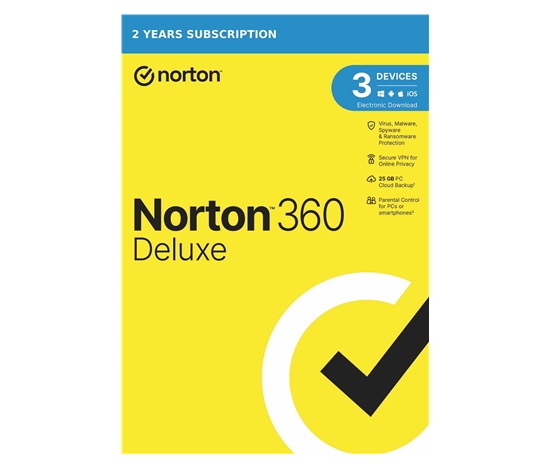 NORTON 360 DELUXE 25GB +VPN 1 uživatel pro 3 zařízení na 2 roky ESD 1+1 (50%)