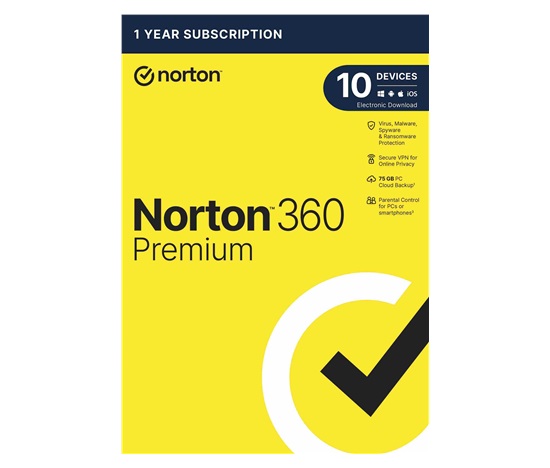 NORTON 360 PREMIUM 75GB +VPN 1 uživatel pro 10 zařízení na 1 rok ESD 1+1 (50%)