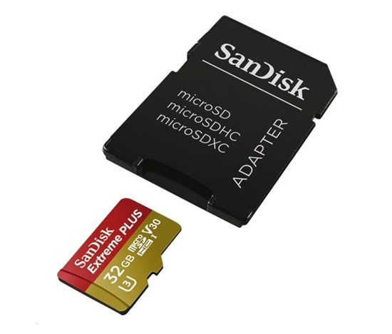 SanDisk MicroSDHC karta 32GB Extreme PLUS (R100/W90MB/s, UHS-I V30, Rescue Pro Deluxe) + adaptér