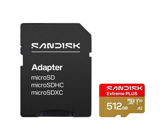 SanDisk MicroSDHC karta 512GB Extreme PLUS (R250/W1700MB/s, UHS-I V30, Rescue Pro Deluxe) + adaptér