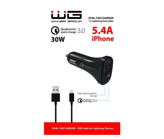 WG - Autonabíječka 2x USB-A, Quick Charge 3.0 5,4 A, + kabel USB-A na Lightning, černá