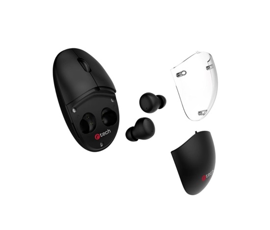 C-TECH myš s TWS sluchátky Dual mode WLM-21, bezdrátová, BT5.0 + 2,4GHz, 1600DPI, 3 tlačítka, USB nano receiver, černá