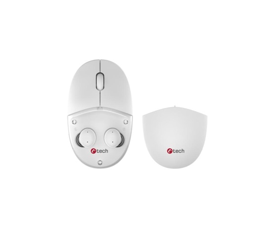 C-TECH myš s TWS sluchátky Dual mode WLM-21, bezdrátová, BT5.0 + 2,4GHz, 1600DPI, 3 tlačítka, USB nano receiver, bílá