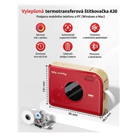 Phomemo Tiskárna štítků A30, červená + stuha pro tisk (14mm x 3,6 m)