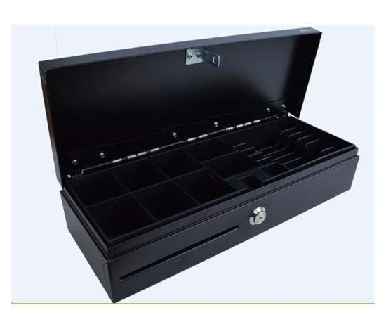 ROZBALENO - Virtuos pokladní zásuvka FT-460C Flip top, s víkem, 9-24V, černá - s kabelem