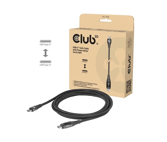 Club3D Kabel USB-C Safe s měřičem výkonu, 240 W, bez přenosu dat, 2m