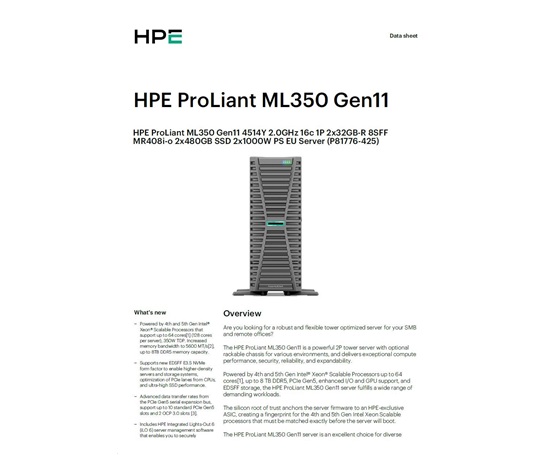HPE PL ML350g11 4514Y (2.0G/16C) 2x32G (P64706) NS204(2x480) MR408i-o 2x1000W MR408i-o/4G 8-24SFF 8SF 4x1G Smart Choice