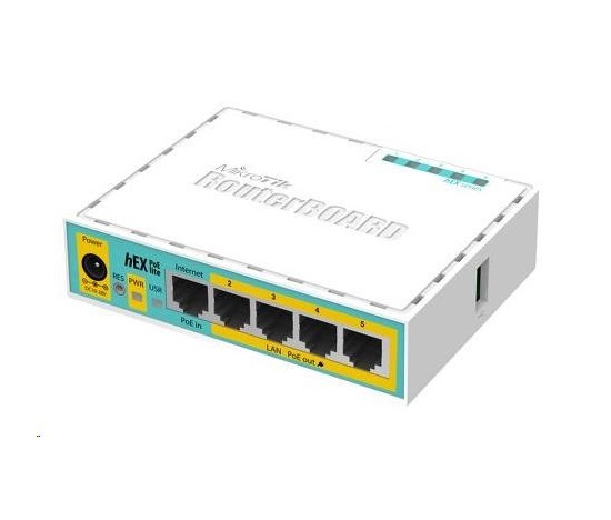 MikroTik RouterBOARD hEX PoE Lite, 650MHz CPU, 64MB RAM, 5x LAN, USB, PoE, 1x USB, vč. L4 licence
