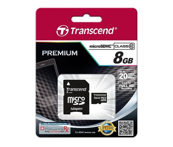 TRANSCEND MicroSDHC karta 8GB Class 10 + adaptér