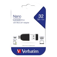 VERBATIM Flash Disk 32GB Store ‘n‘ Stay Nano + micro USB OTG adaptér, USB 2.0, černá
