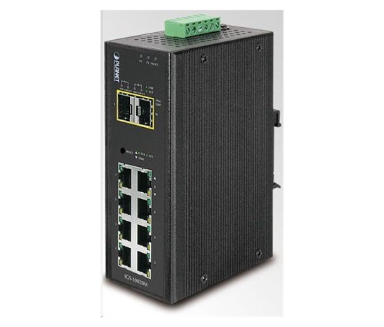 Planet IGS-10020MT, 8X 1000BASE-T, 2X SFP, DIN, IP30, -40 AŽ 75°C, WEB/SNMPV3, VLAN, IGMPV3, ESD+EFT, IPV6