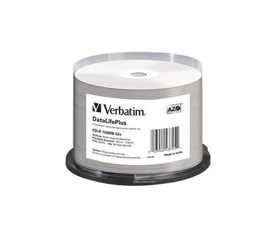 VERBATIM CD-R AZO 52X 700MB WIDE SILVER INKJET PRINTABLE NON ID