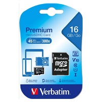 VERBATIM MicroSDHC karta 16GB Premium, U1 + SD adaptér