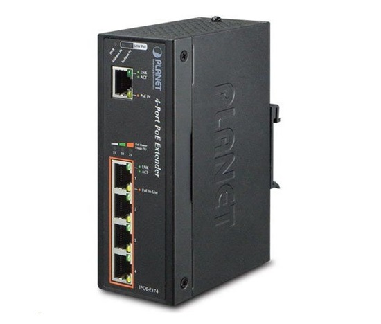 Planet IPOE-E174 PoE extender + switch, IEEE802.3at, 4 + 1x 1000Base-T, DIN, IP30, 60W