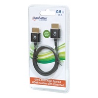 MANHATTAN Ultra-thin High Speed HDMI Cable with Ethernet, HEC, ARC, 3D, 4K, HDMI Male to Male, Shielded, Black, 0,5m