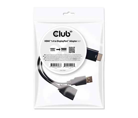 Club3D Adaptér HDMI 1.4 na DisplayPort 1.1 (M/F), USB napájení, 18cm