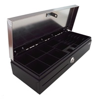 Virtuos pokladní zásuvka flip-top FT-460C2 - s kabelem, se zamykacím krytem, NEREZ víko, černá